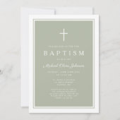 Invitation Elegant Sage Green Cross Baby Boy Baptism (Devant)