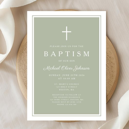 Invitation Elegant Sage Green Cross Baby Boy Baptism