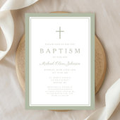 Invitation Elegant Sage Green Cross Boy Baptism