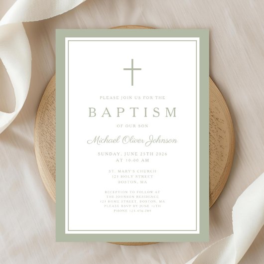 Invitation Elegant Sage Green Cross Boy Baptism