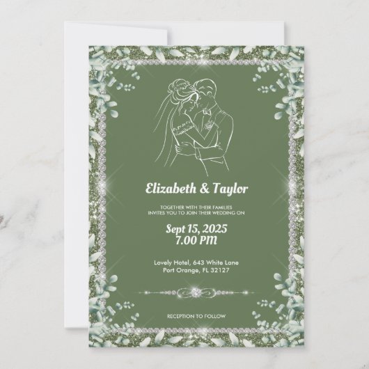 Invitation Elégant Sage Green Eucalyptus Mariage Parties scin (Devant)
