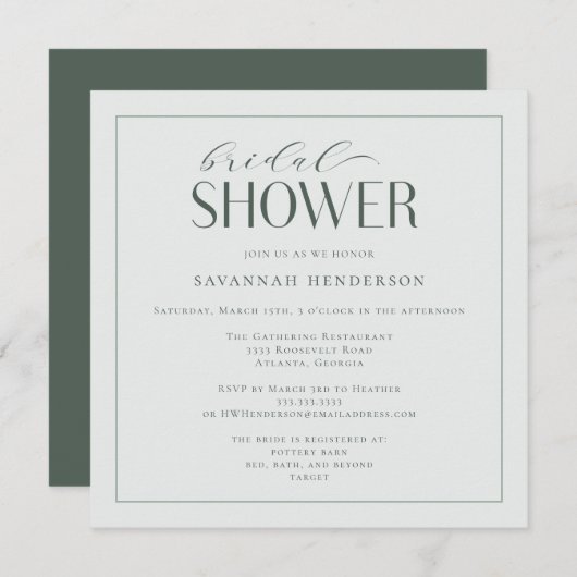Invitation Élégant Sage Green Fête des mariées Classique (Devant / Derrière)