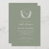 Invitation Élégant Sage Green Floral Crest Monogram Mariage (Devant / Derrière)
