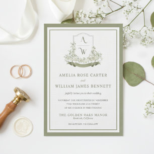 Invitation Élégant Sage Green Floral Crest Monogram Mariage