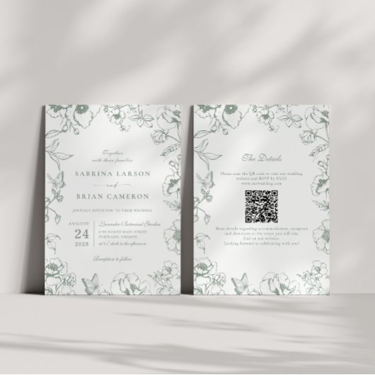 Invitation Elegant Sage Green Floral Garden QR Code Wedding