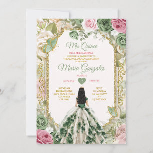 Invitation Elégant Sage Green Floral Princess Gold Mis Quince