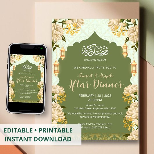 Invitation Elegant Sage Green Floral Ramadan Kareem Iftar