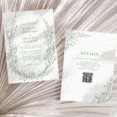 Invitation Élégant Sage Green Floral Wreath QR Code Mariage