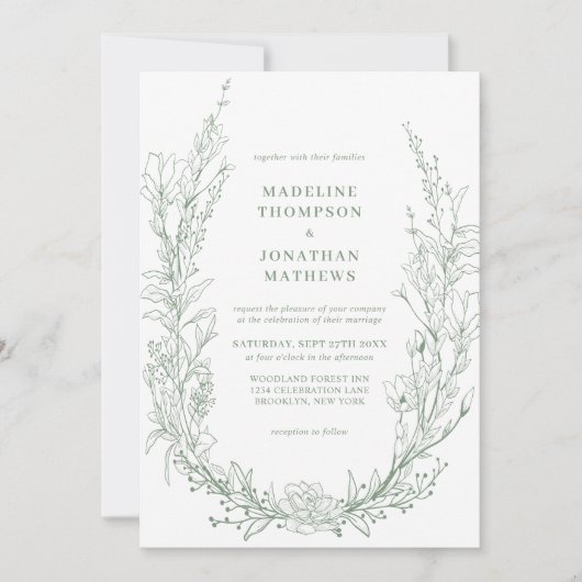 Invitation Élégant Sage Green Floral Wreath QR Code Mariage (Devant)
