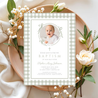 Invitation Elegant Sage Green Gingham Bow Photo Girl Baptism