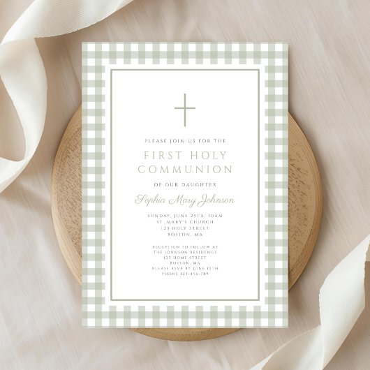 Invitation Elegant Sage Green Gingham Girl First Communion