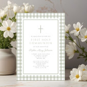 Invitation Elegant Sage Green Gingham Girl First Communion