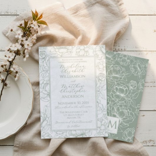 Invitation Elegant Sage Green Hand-Drawn Floral Wedding 