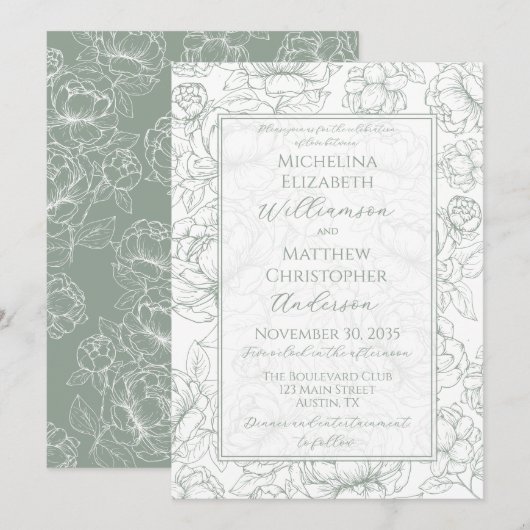 Invitation Elegant Sage Green Hand-Drawn Floral Wedding  Invi (Devant / Derrière)