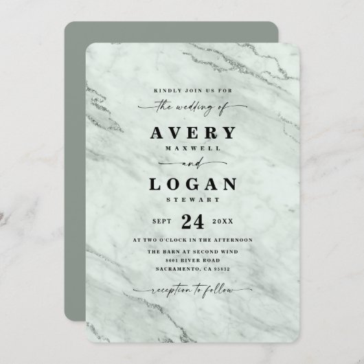 Invitation Elégant Sage Green Mariage en marbre métallique (Devant / Derrière)