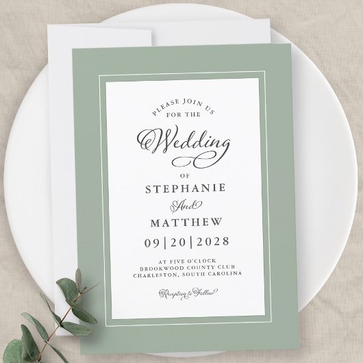 Invitation Elégant Sage Green Mariage Moderne Calligraphie Ch