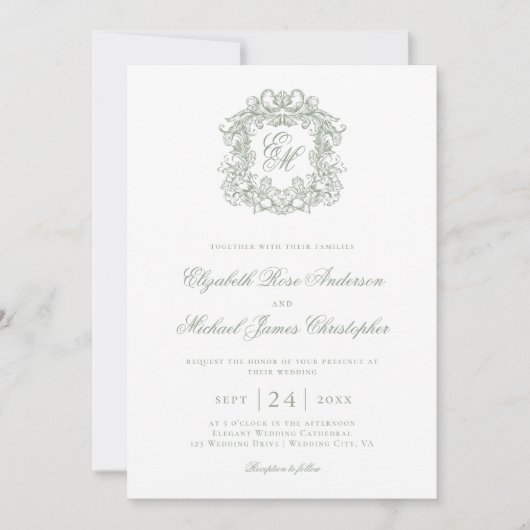 Invitation Elegant Sage Green Monogram Crest Wedding (Devant)