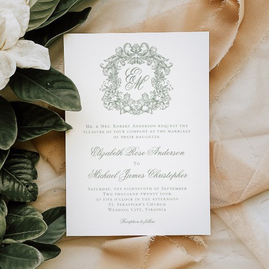 Invitation Elegant Sage Green Monogram Wedding Crest