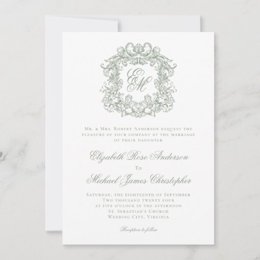 Invitation Elegant Sage Green Monogram Wedding Crest (Devant)