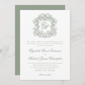 Invitation Elegant Sage Green Monogram Wedding Crest (Devant / Derrière)