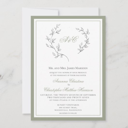 Invitation Élégant Sage Green Monogramme Mariage feuille dans (Devant)