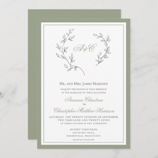 Invitation Élégant Sage Green Monogramme Mariage feuille dans (Devant / Derrière)