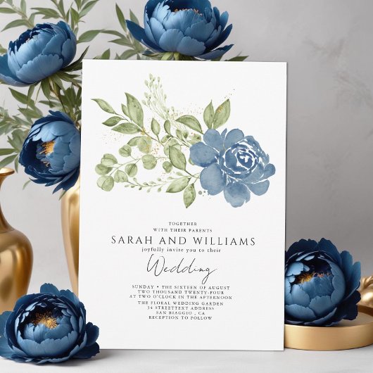 Invitation Elégant Sage Green Navy Blue Floral Boho Mariage