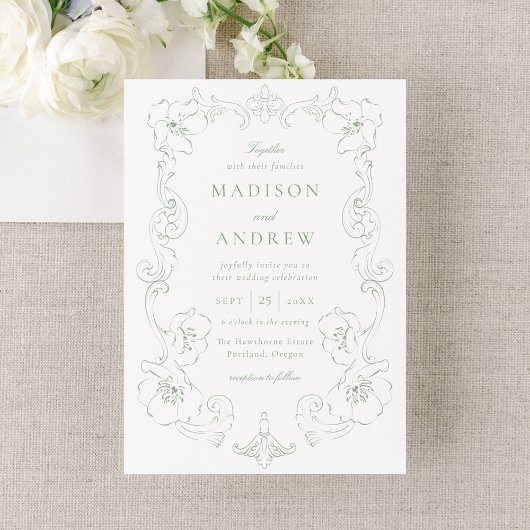 Invitation Elegant Sage Green Ornate Floral Frame Wedding