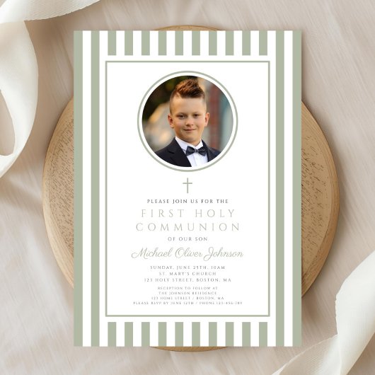 Invitation Elegant Sage Green Photo Boy First Communion