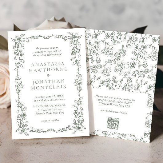 Invitation Elégant Sage Green QR Code RSVP Mariage victorien