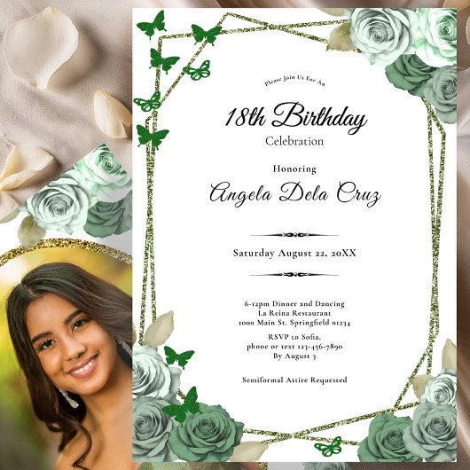 Invitation Elegant Sage Green Rose 18th Birthday Debut 