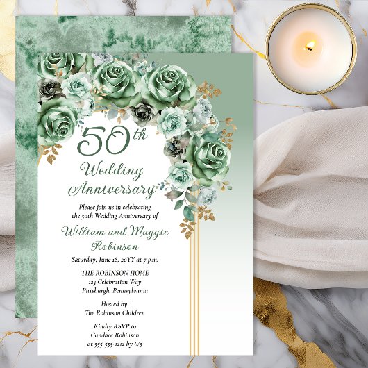 Invitation Elegant Sage Green Rose Floral 50th Anniversary