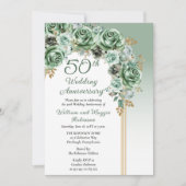 Invitation Elegant Sage Green Rose Floral 50th Anniversary (Devant)