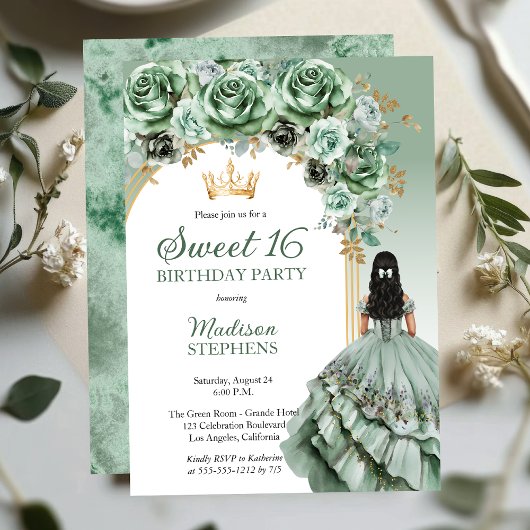 Invitation Elégant Sage Green Rose Floral Sweet 16 Party