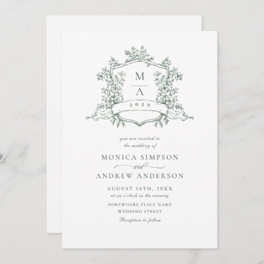 Invitation Elégant Sage Green Rose Jardin Mariage (Devant / Derrière)