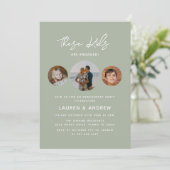 Invitation Élégant Sage Green Script Photo Party (Debout devant)