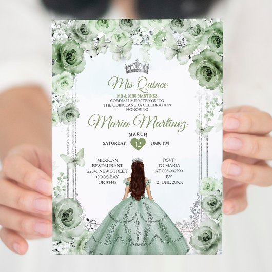 Invitation Elégant Sage Green & Silver Princess Mis Quince