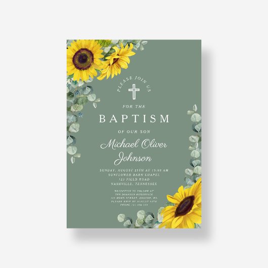 Invitation Élégant Sage Green Sunflower Cross Baptême