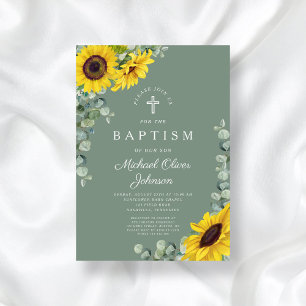 Invitation Élégant Sage Green Sunflower Cross Baptême