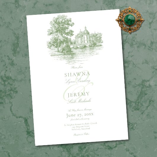Invitation Elegant Sage Green Toile French Manor Wedding