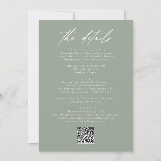 Invitation Élégant Sage Green Tout en un Mariage de code QR (Dos)