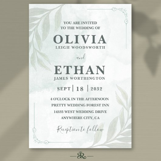 Invitation Elegant Sage Green Watercolor Foliage Wedding 