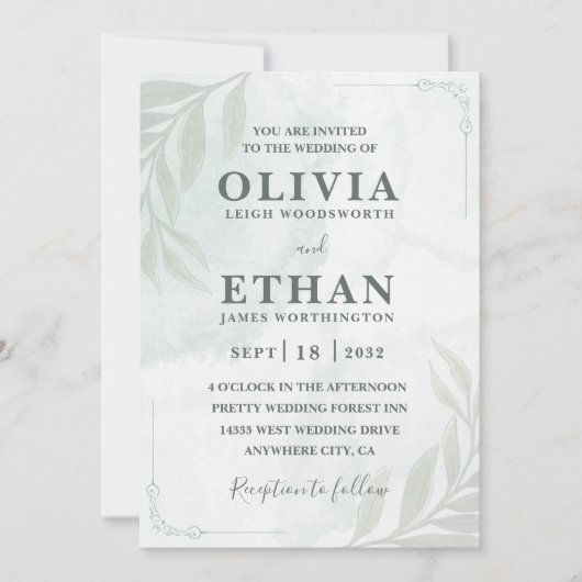 Invitation Elegant Sage Green Watercolor Foliage Wedding (Devant)