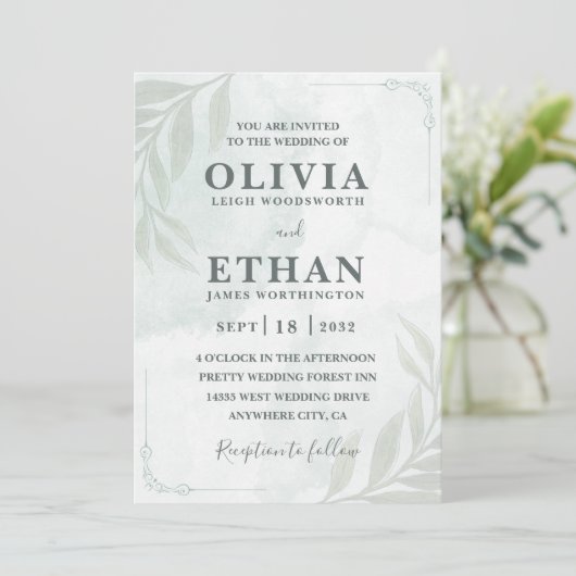 Invitation Elegant Sage Green Watercolor Foliage Wedding (Debout devant)