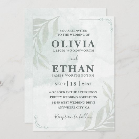 Invitation Elegant Sage Green Watercolor Foliage Wedding (Devant / Derrière)