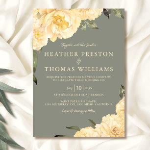 Invitation Élégant Sage Green Yellow Peonies Floral Mariage