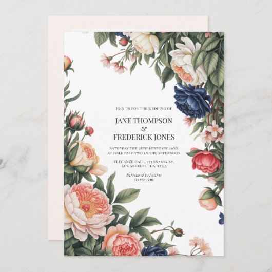 Invitation Elegant Sage, Navy & Peach Floral Wedding QR Code (Devant / Derrière)