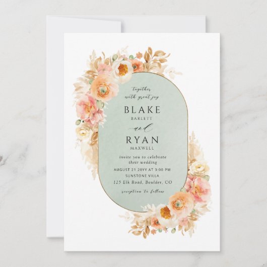 Invitation Elégant Sage, Peach Blush et Crème Mariage ovale I (Devant)