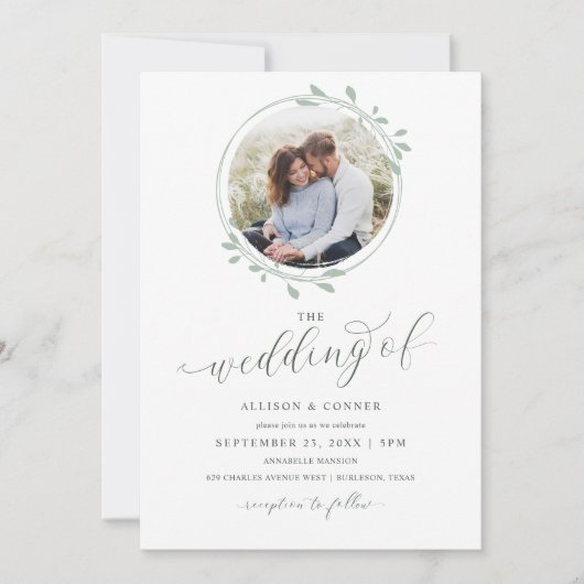 Invitation Élégant Sage Photo Mariage Script romantique (Devant)