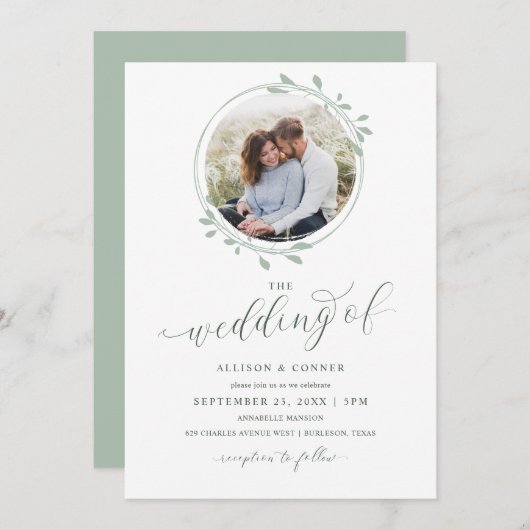 Invitation Élégant Sage Photo Mariage Script romantique (Devant / Derrière)